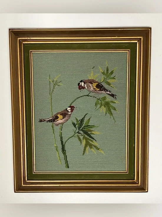 Vintage Framed Petit Point Needlework – Two Birds on Bamboo ,Made in Mexico 1997 - Picture 3 of 17